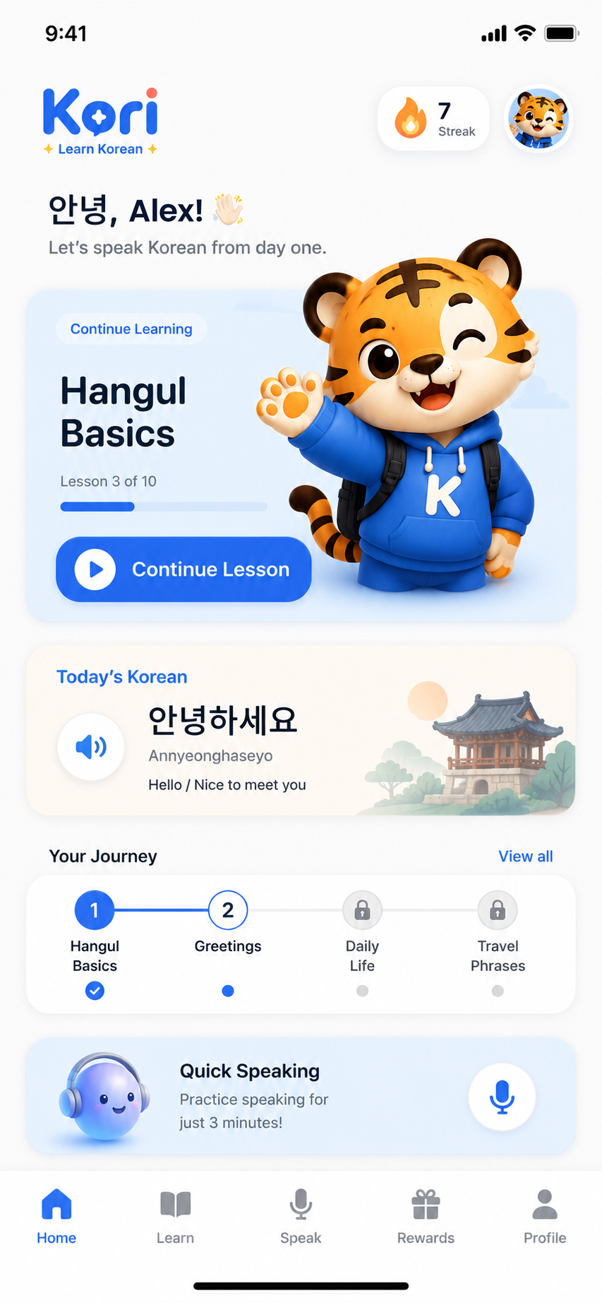 Kori app home screen with today's lesson, daily phrase, and journey